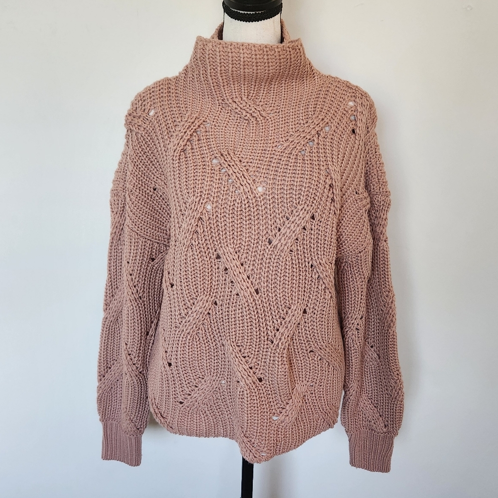 Savvi Jessie Cropped Sweater Chunky Boxy Cozycore Warm Mock Neck Mauve Pink S